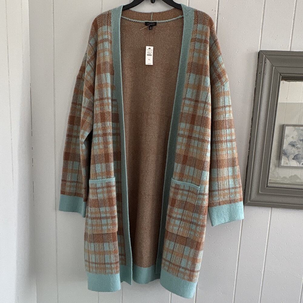 Talbots XL Brown/Blue Plaid Knit Wool Cardigan Sweater Long Sleeve Pockets - Picture 3 of 7